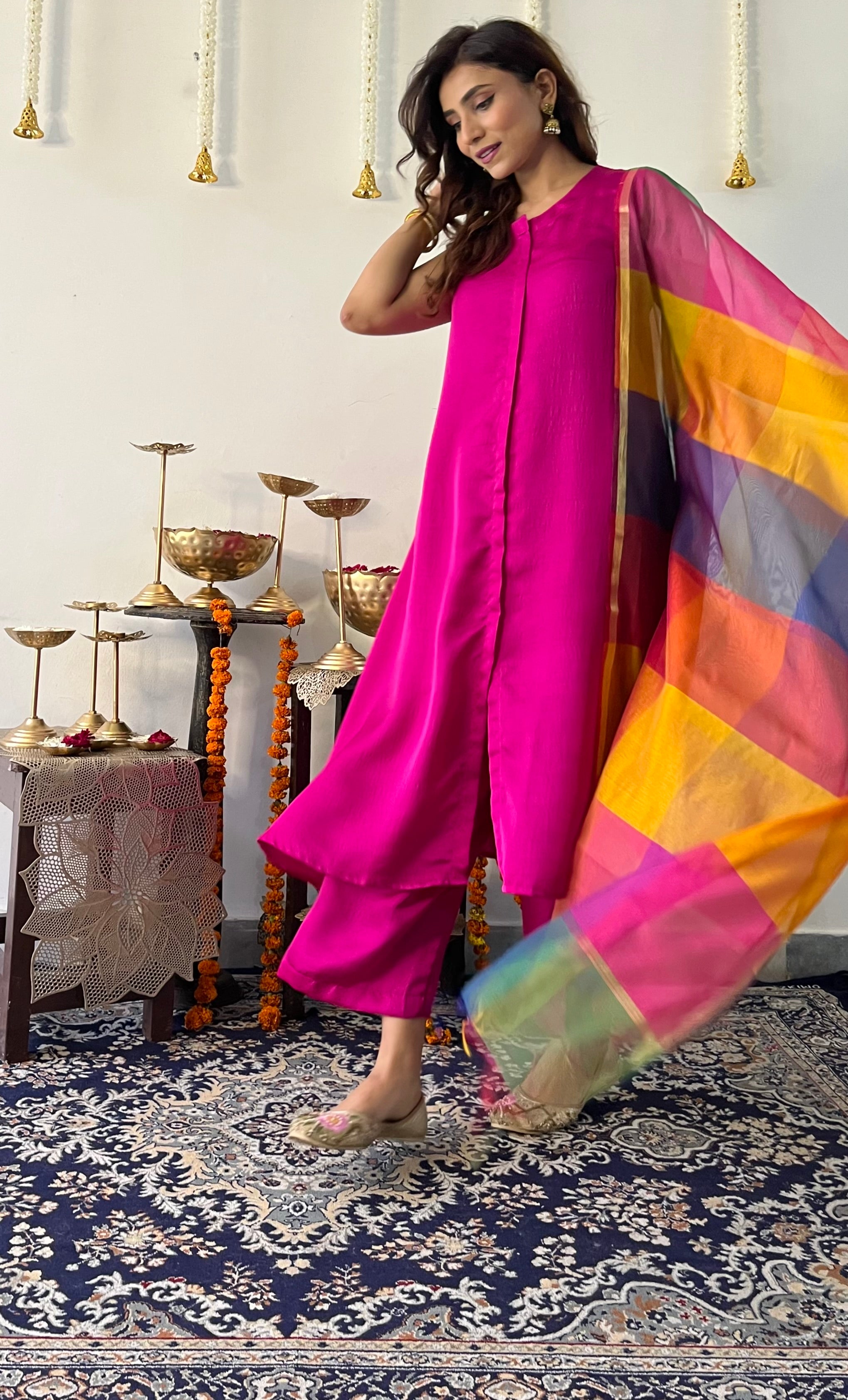3 Pc Suit Set - Fuschia Lux Sleeveless Suit  with Multicolor Dupatta