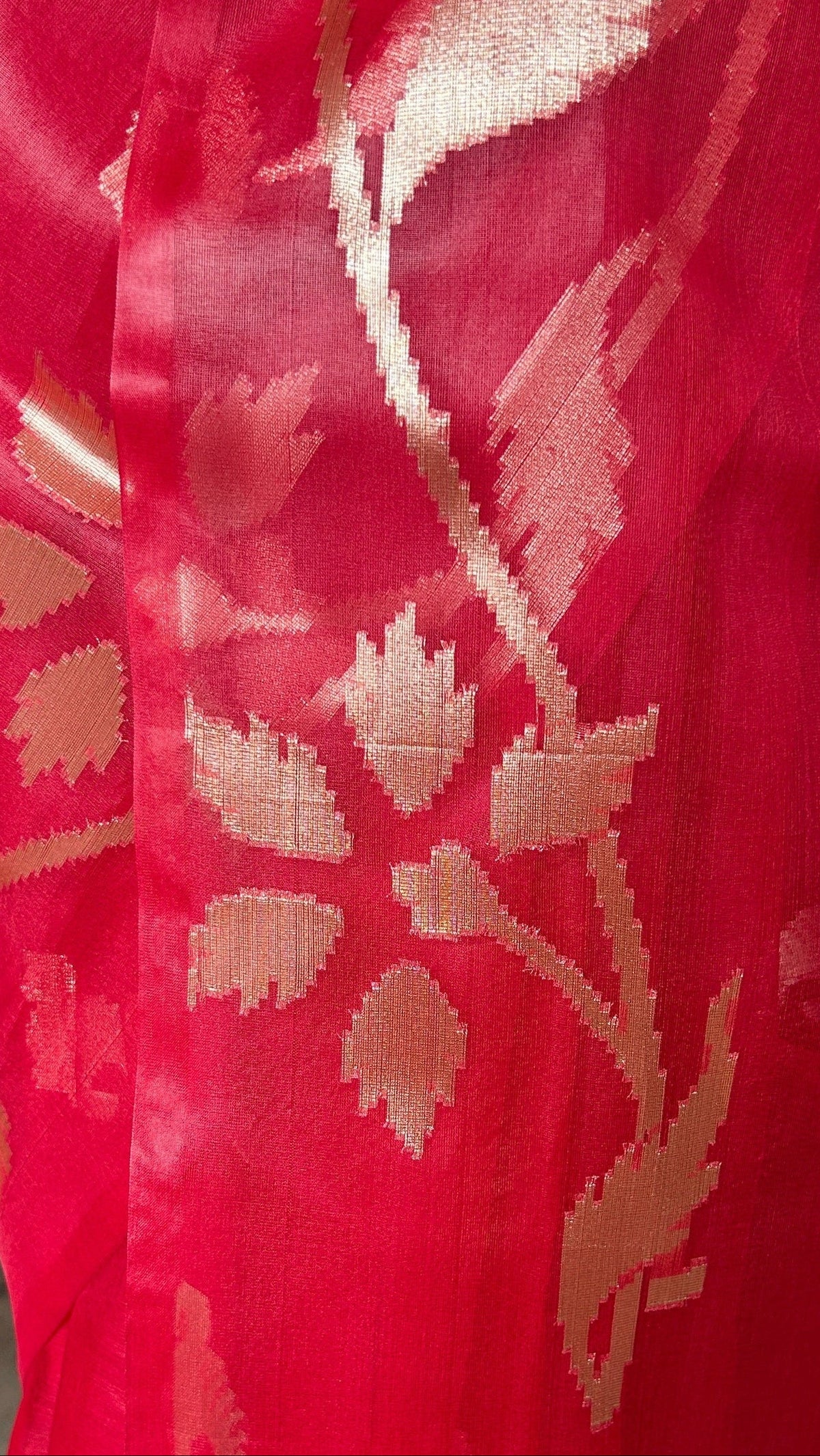 Red Organza Saree with Zari Buti and Matching Stripe Blouse Fabric