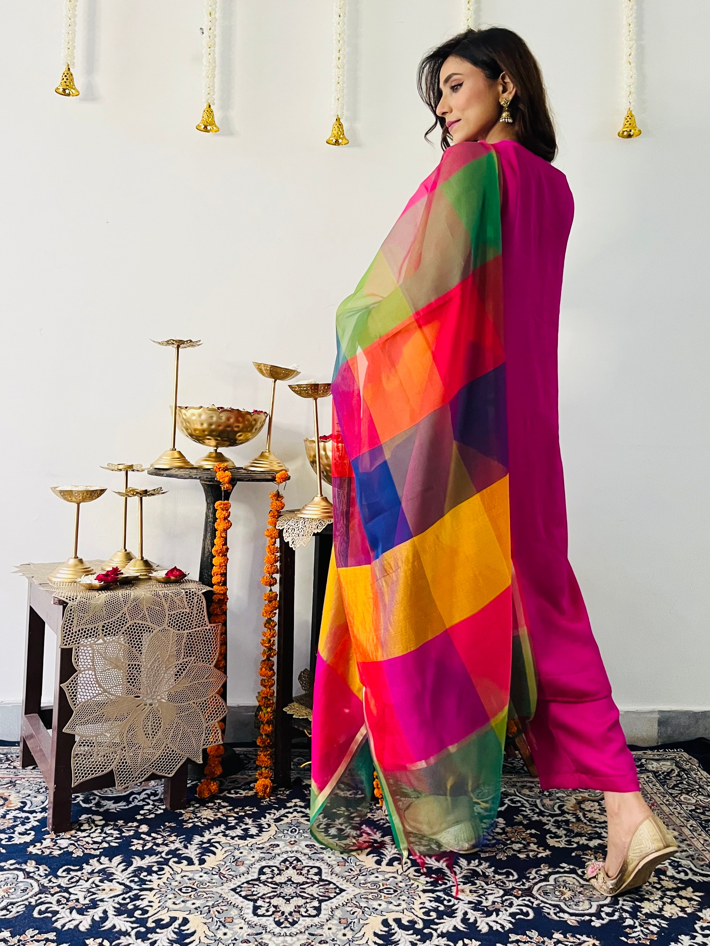 3 Pc Suit Set - Fuschia Lux Sleeveless Suit  with Multicolor Dupatta