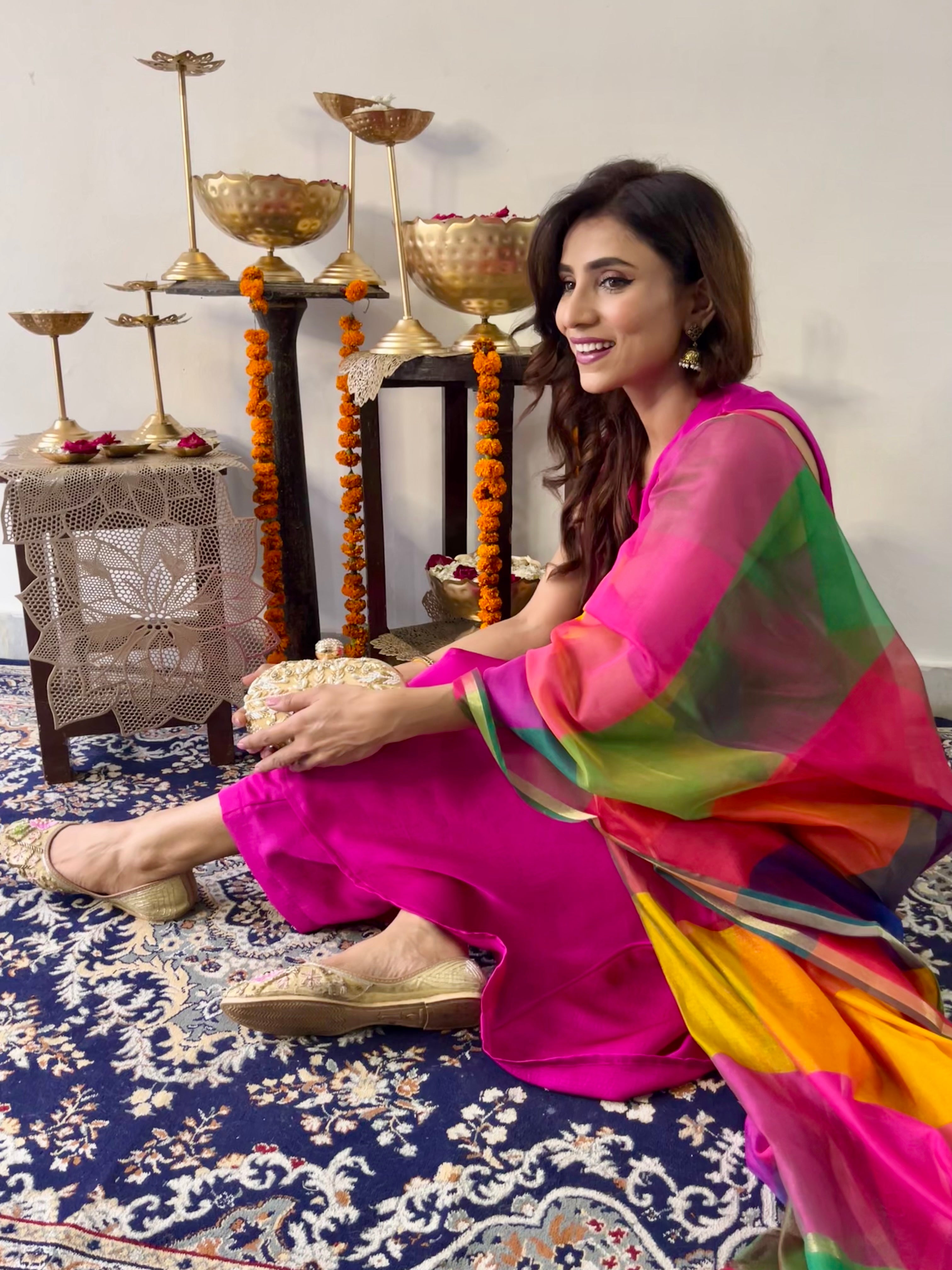 3 Pc Suit Set - Fuschia Lux Sleeveless Suit  with Multicolor Dupatta