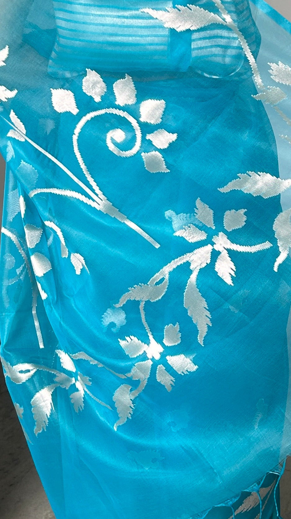 Turquoise Organza Saree with Zari Buti and Matching Stripe Blouse Fabric
