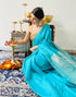 Elegant Blue Saree with Gold Woven Jacquard Pallu & Self Blouse Fabric