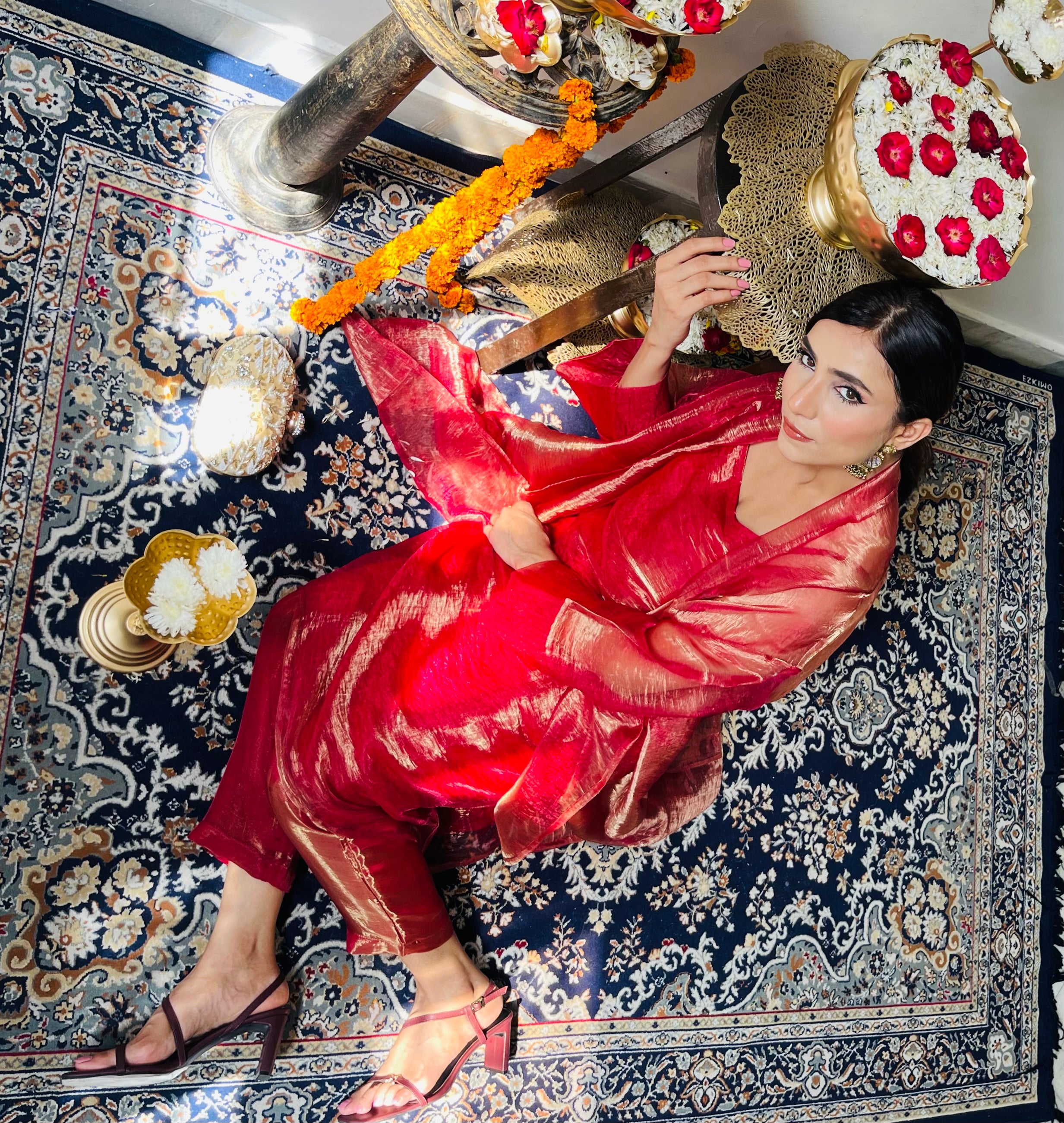 3 Pc Suit Set - Red Metallic Organza Suit Set with Jacket