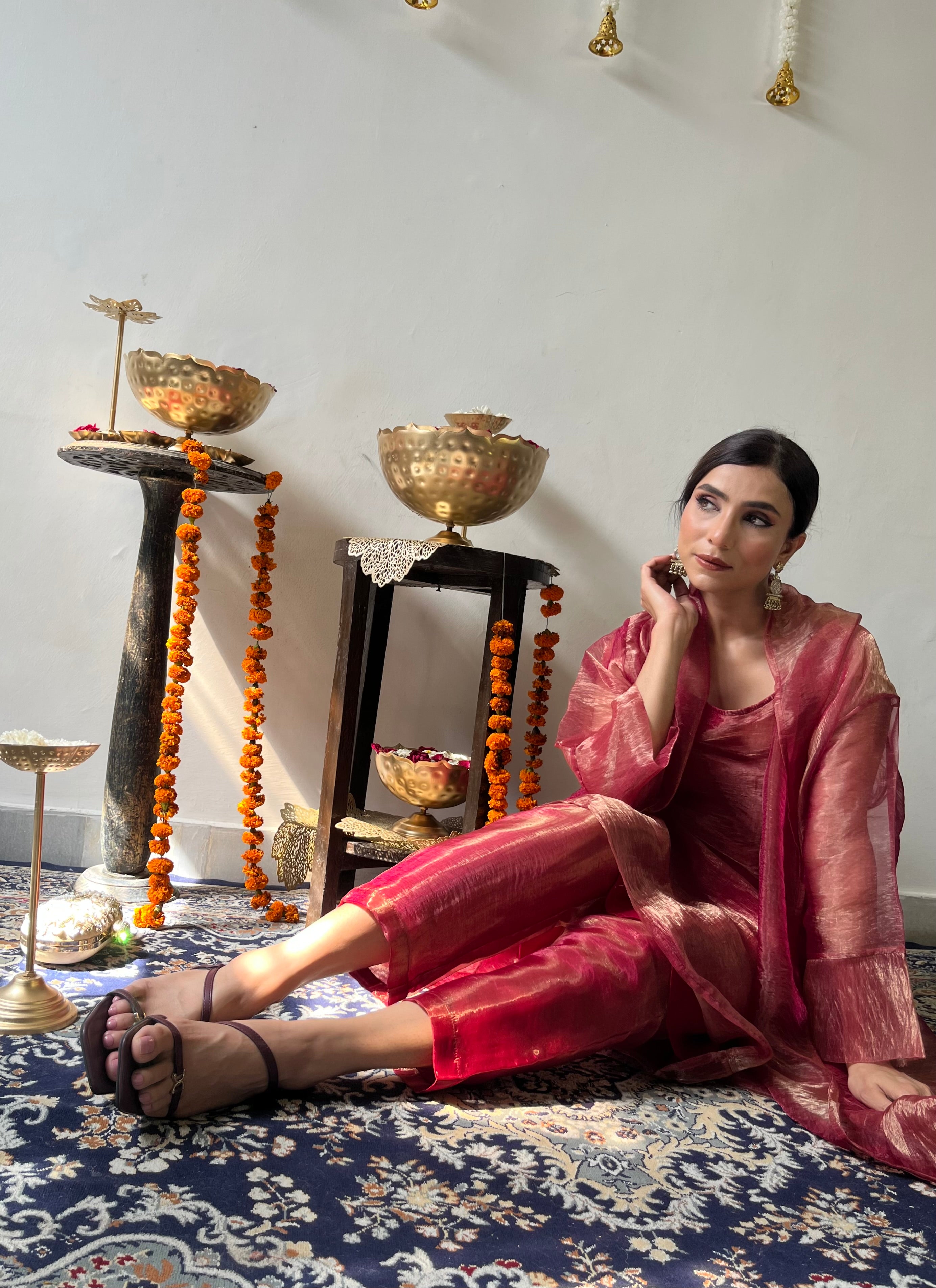 3 Pc Suit Set - Red Metallic Organza Suit Set with Jacket