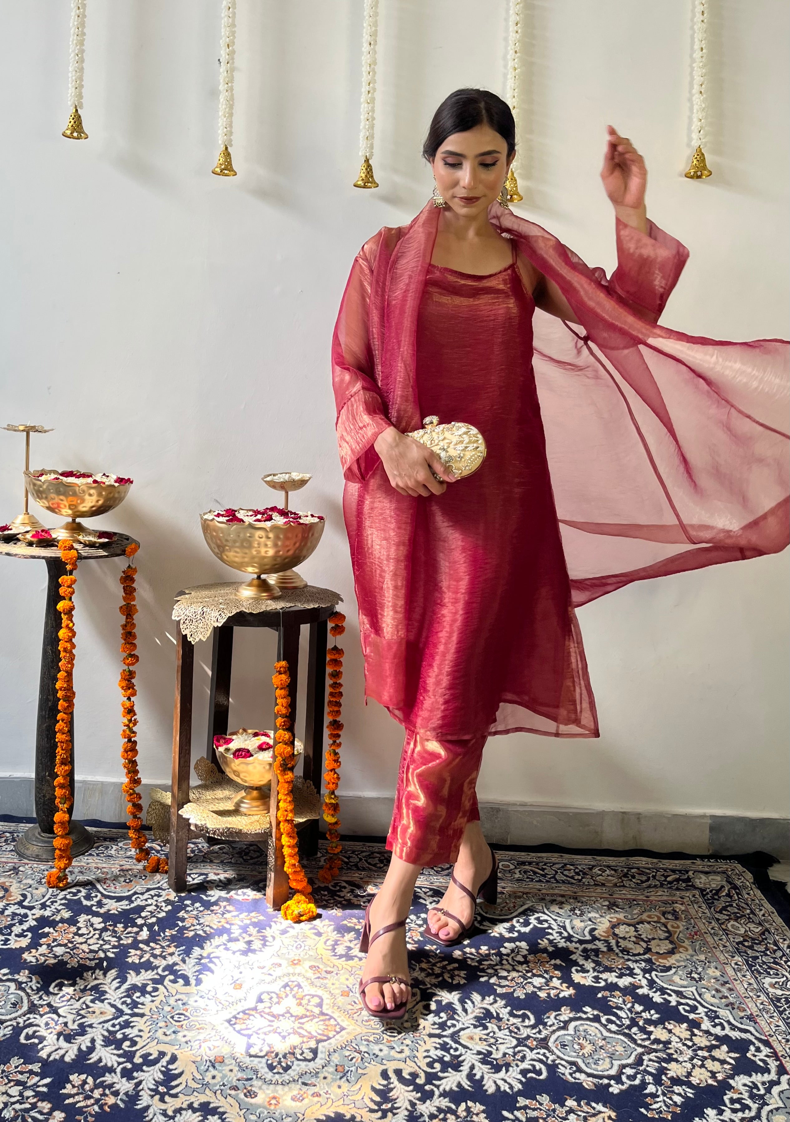 3 Pc Suit Set - Red Metallic Organza Suit Set with Jacket