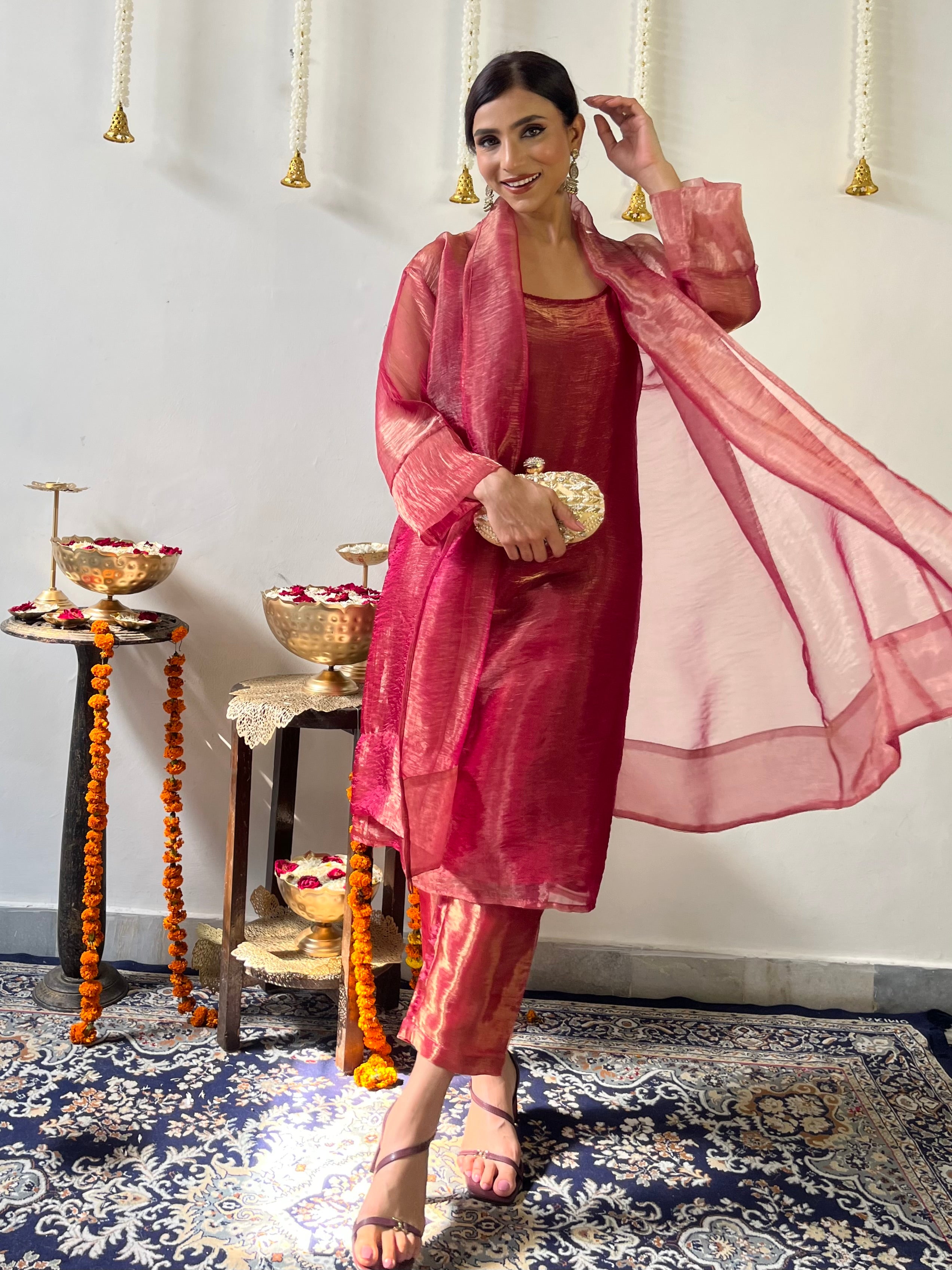 3 Pc Suit Set - Red Metallic Organza Suit Set with Jacket
