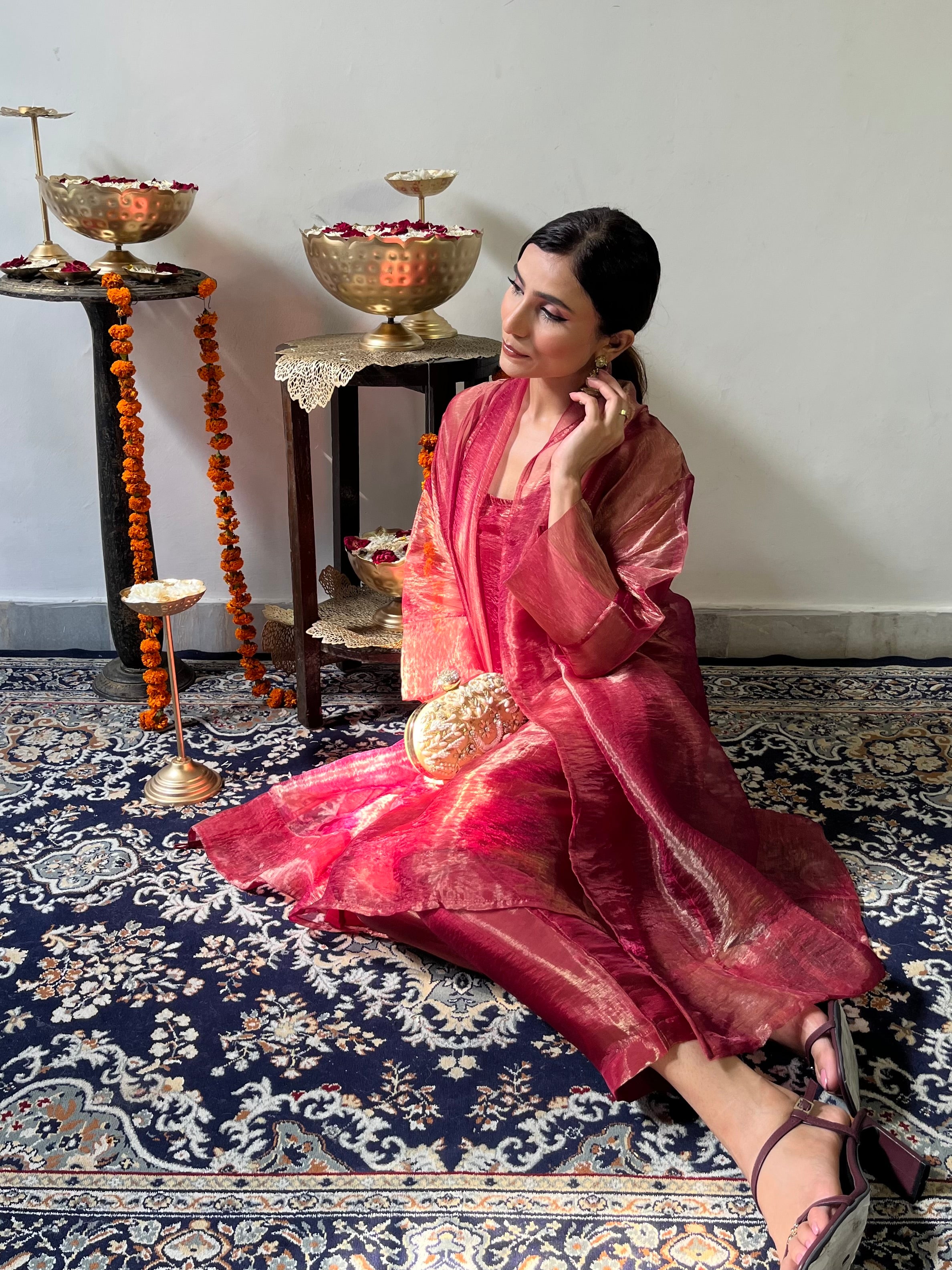 3 Pc Suit Set - Red Metallic Organza Suit Set with Jacket