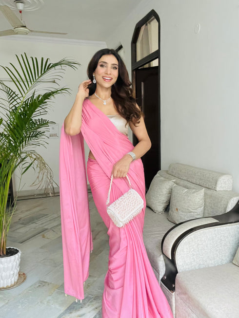 Pink Satin Saree with Beaded Detailing & Self Blouse Fabric
