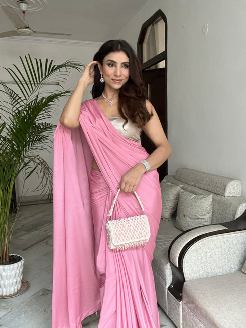 Pink Satin Saree with Beaded Detailing & Self Blouse Fabric