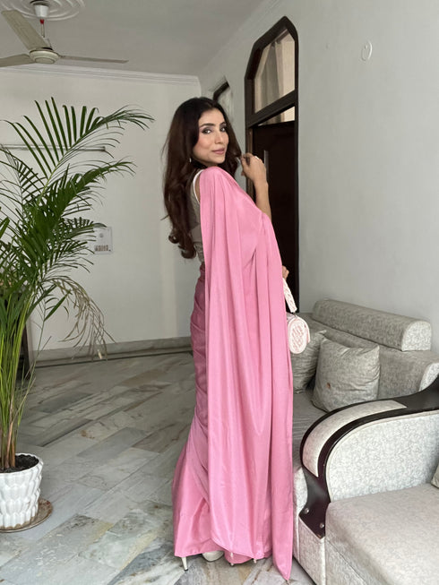 Pink Satin Saree with Beaded Detailing & Self Blouse Fabric