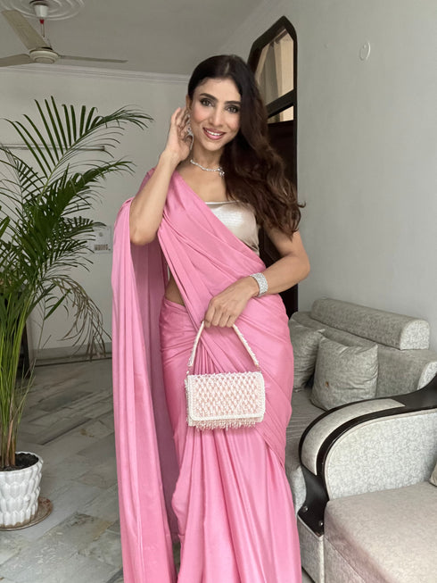 Pink Satin Saree with Beaded Detailing & Self Blouse Fabric