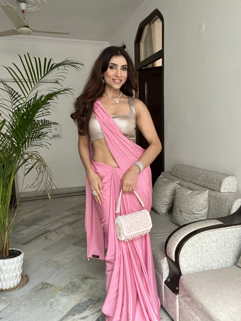 Pink Satin Saree with Beaded Detailing & Self Blouse Fabric