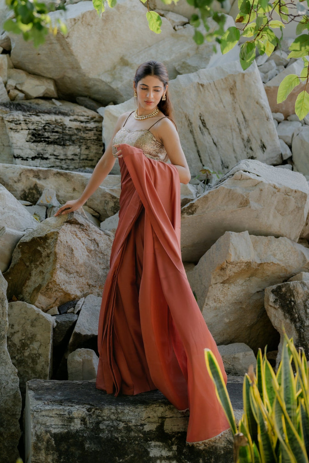 Satin Terracotta Saree with Swarovski-Style Lace & Self Blouse Fabric