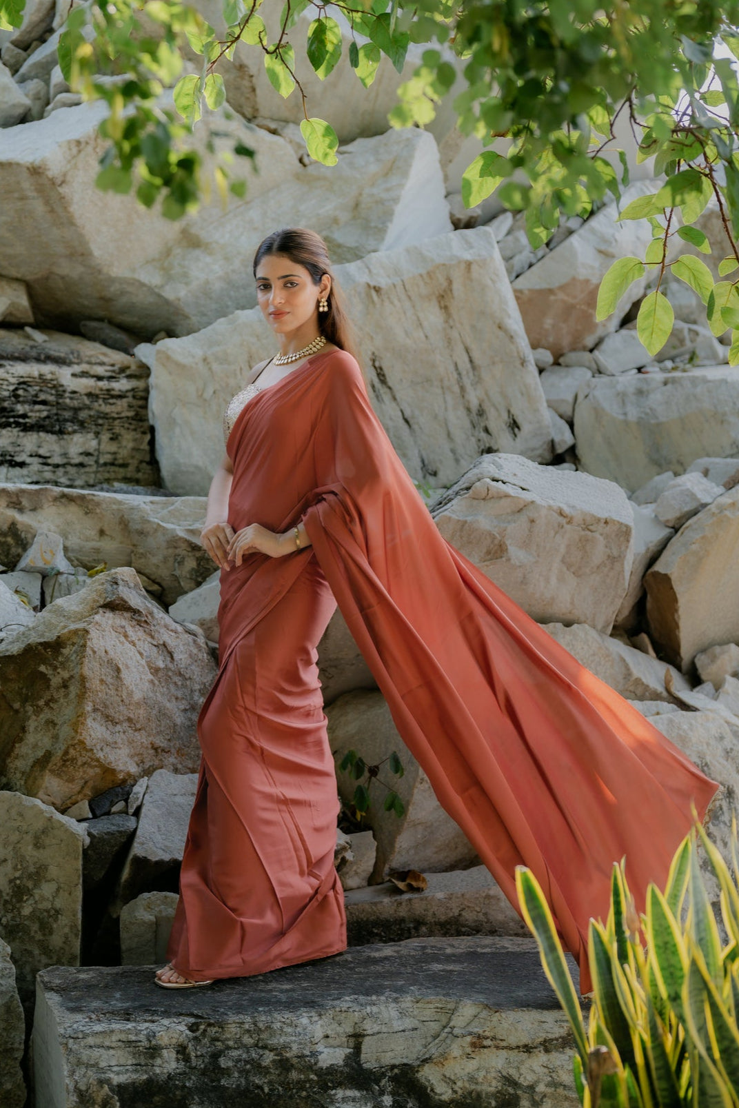 Satin Terracotta Saree with Swarovski-Style Lace & Self Blouse Fabric