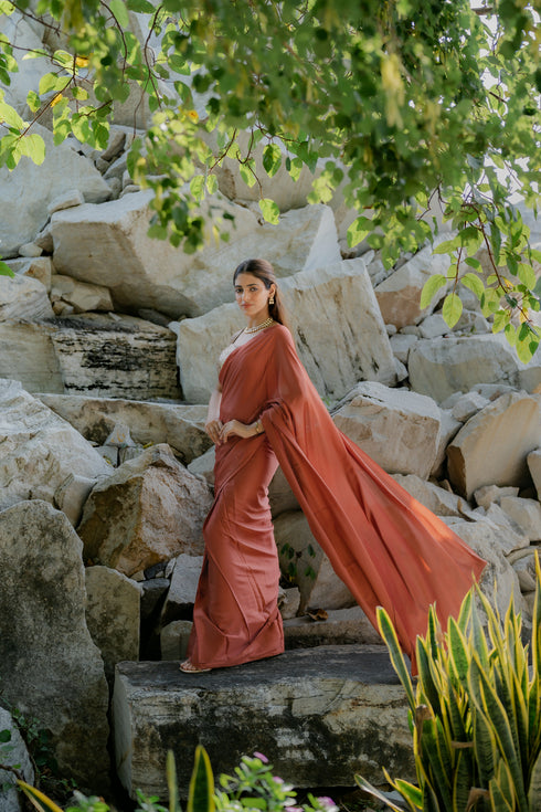 Satin Terracotta Saree with Swarovski-Style Lace & Self Blouse Fabric