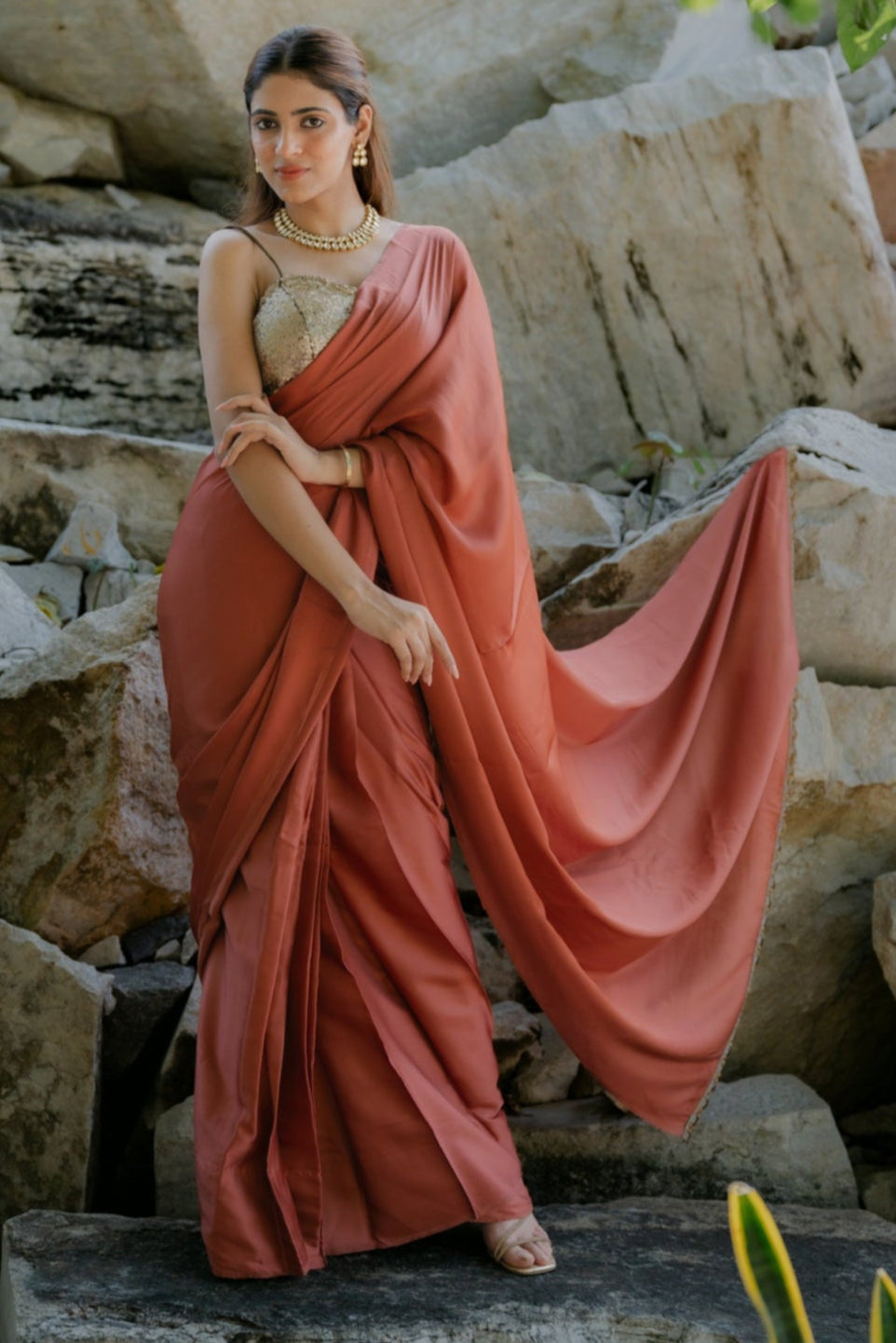 Satin Terracotta Saree with Swarovski-Style Lace & Self Blouse Fabric