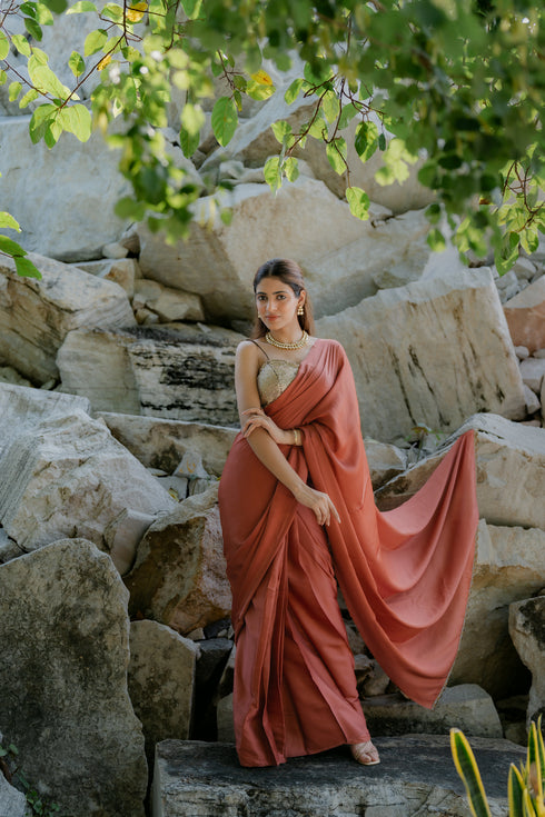 Satin Terracotta Saree with Swarovski-Style Lace & Self Blouse Fabric