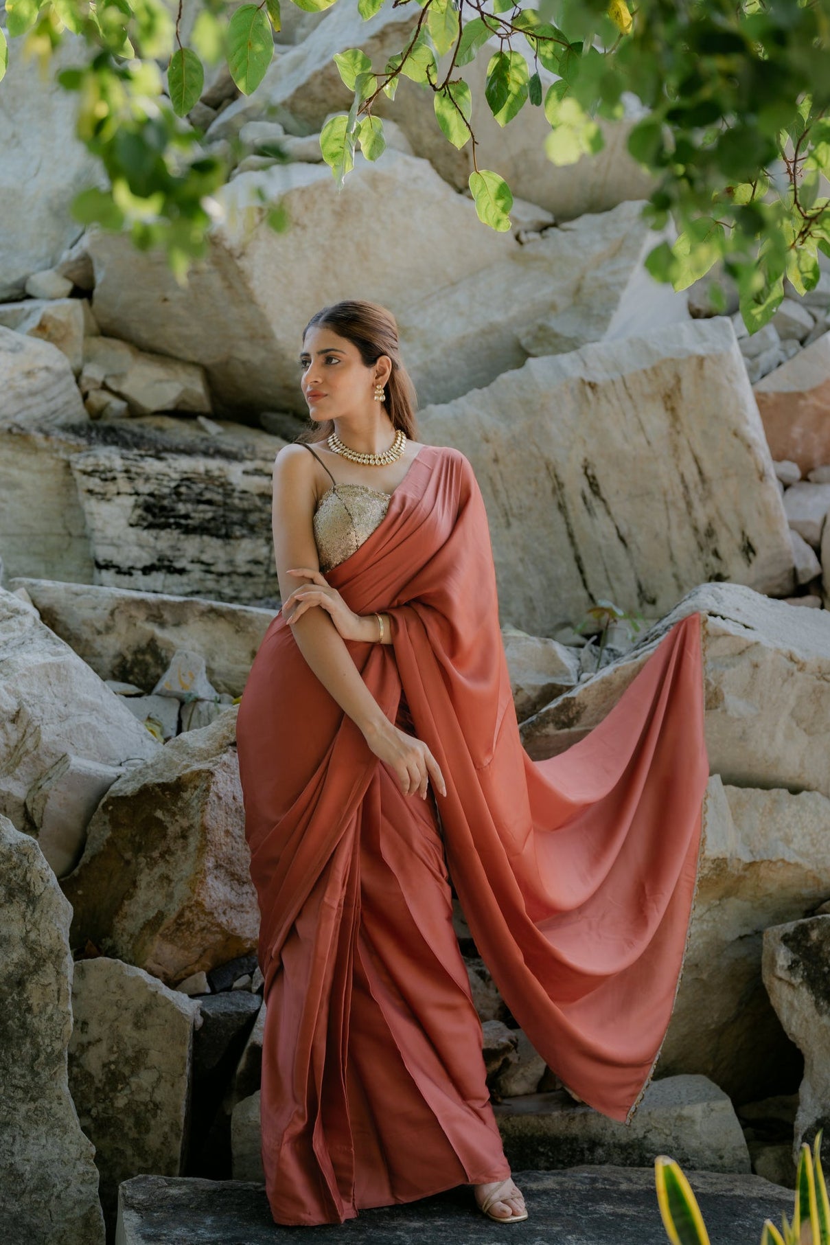 Satin Terracotta Saree with Swarovski-Style Lace & Self Blouse Fabric