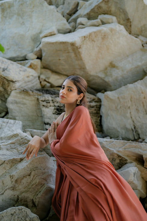 Satin Terracotta Saree with Swarovski-Style Lace & Self Blouse Fabric