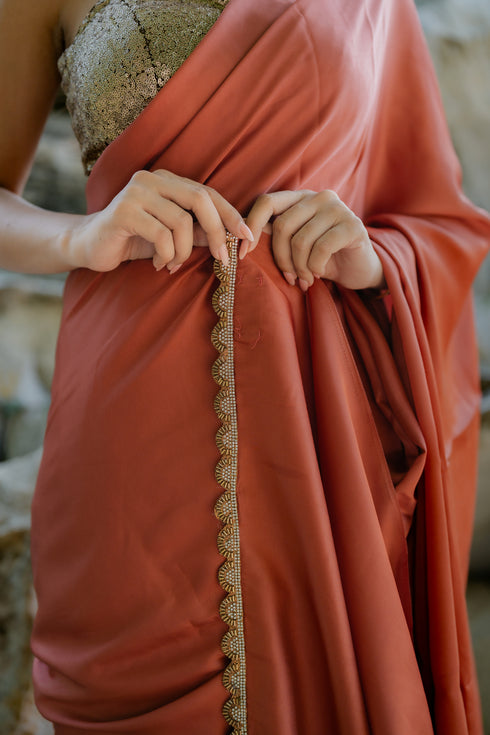 Satin Terracotta Saree with Swarovski-Style Lace & Self Blouse Fabric