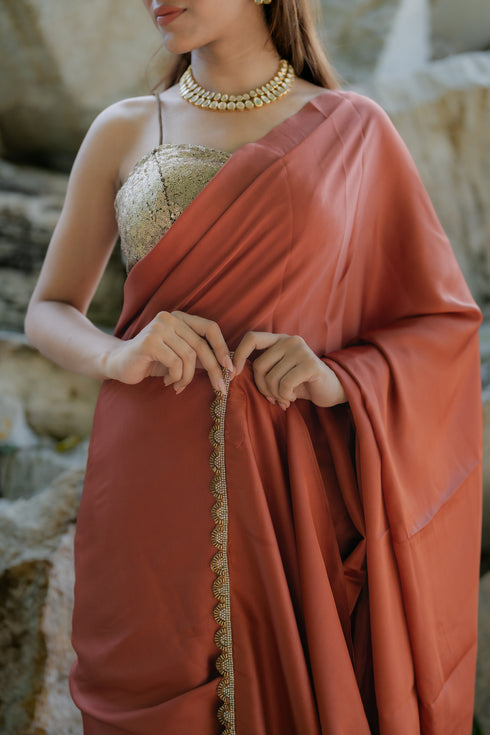 Satin Terracotta Saree with Swarovski-Style Lace & Self Blouse Fabric