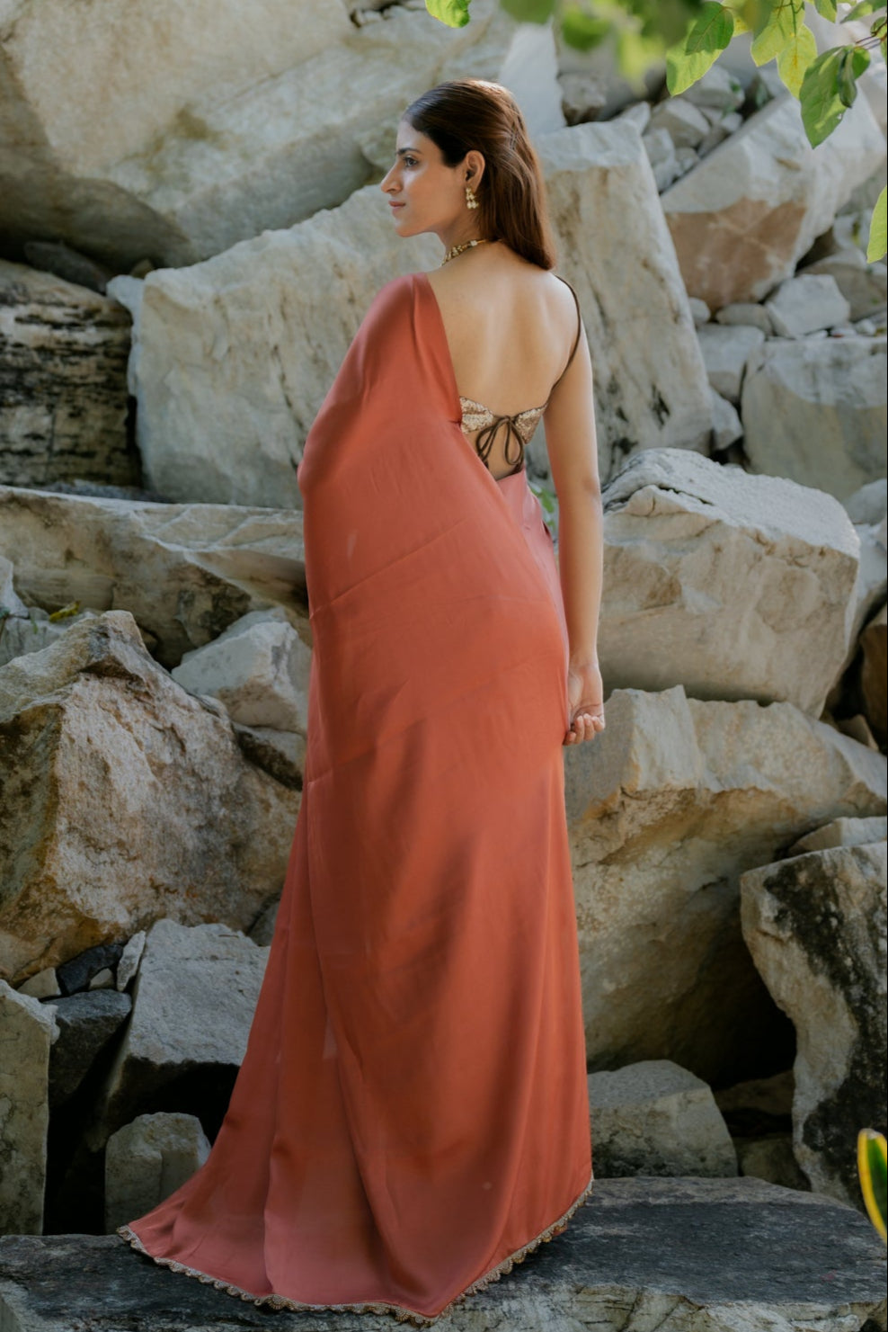 Satin Terracotta Saree with Swarovski-Style Lace & Self Blouse Fabric