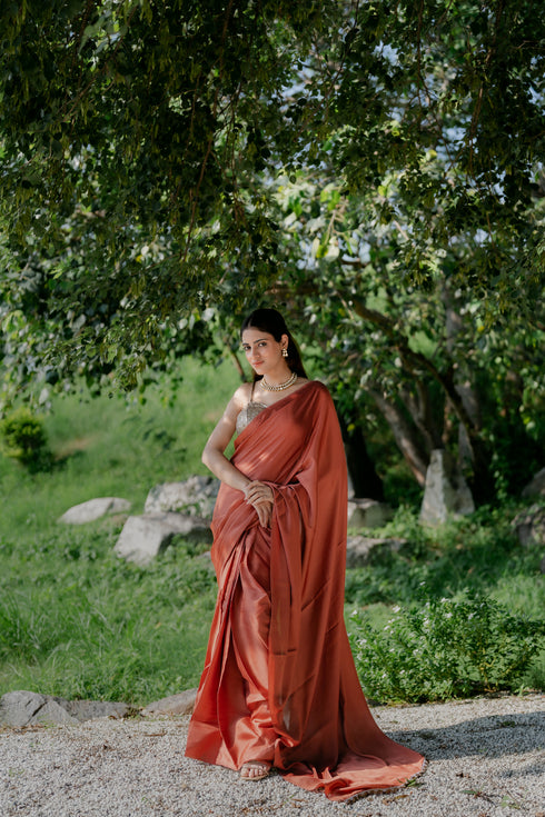 Satin Terracotta Saree with Swarovski-Style Lace & Self Blouse Fabric