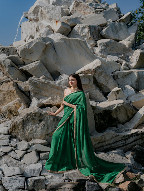 Crepe Green Saree with Sequin Laces and Self Blouse Fabric