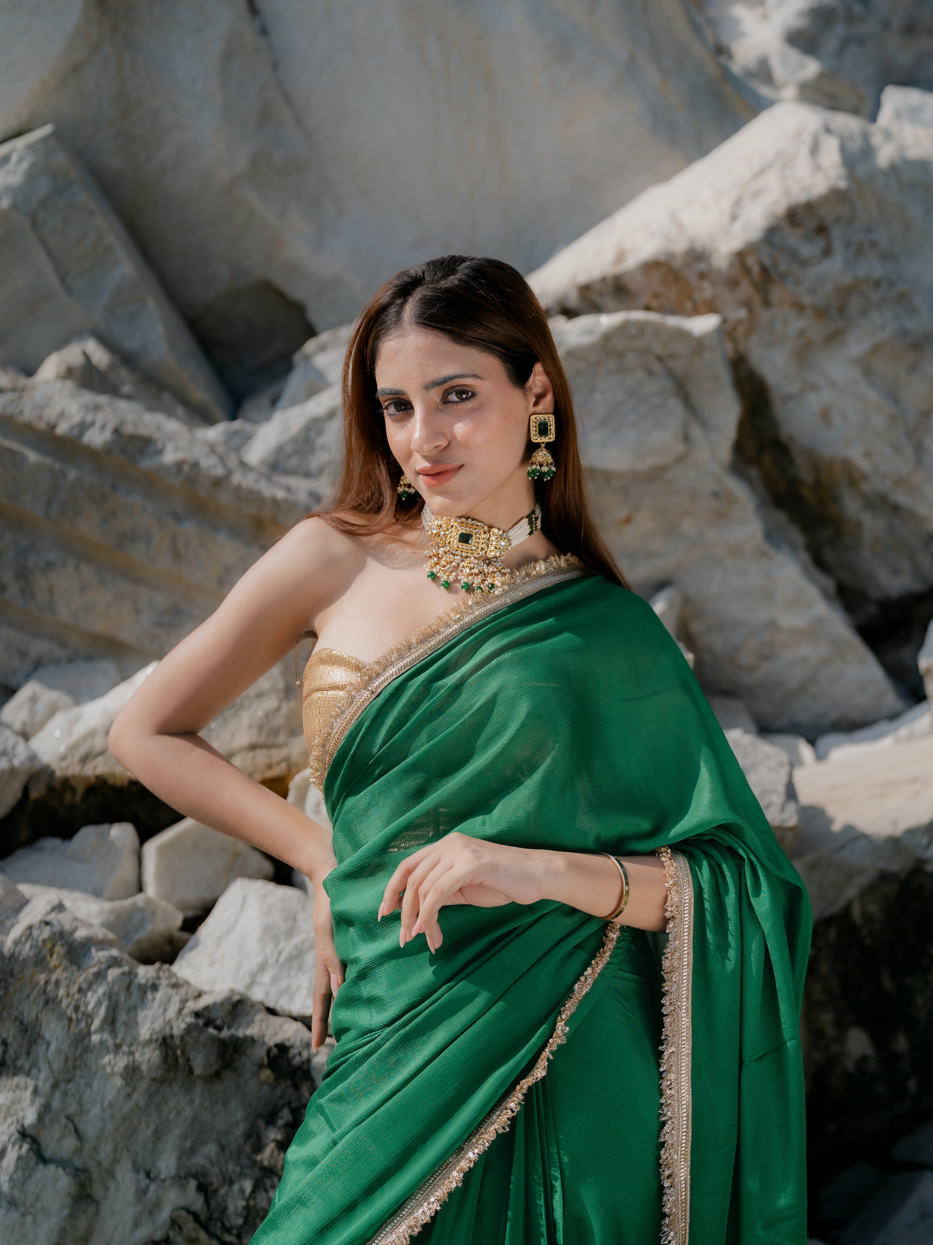 Crepe Green Saree with Sequin Laces and Self Blouse Fabric