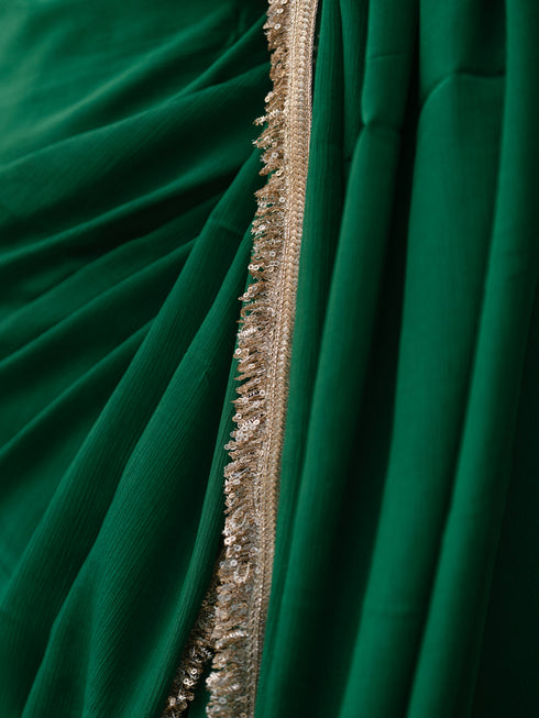 Crepe Green Saree with Sequin Laces and Self Blouse Fabric