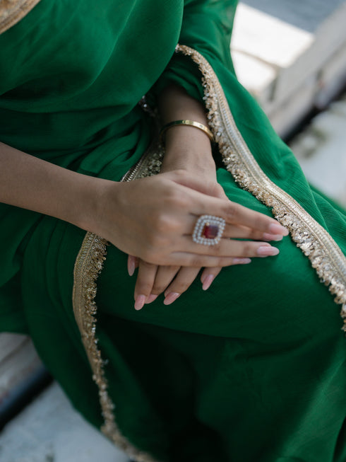 Crepe Green Saree with Sequin Laces and Self Blouse Fabric