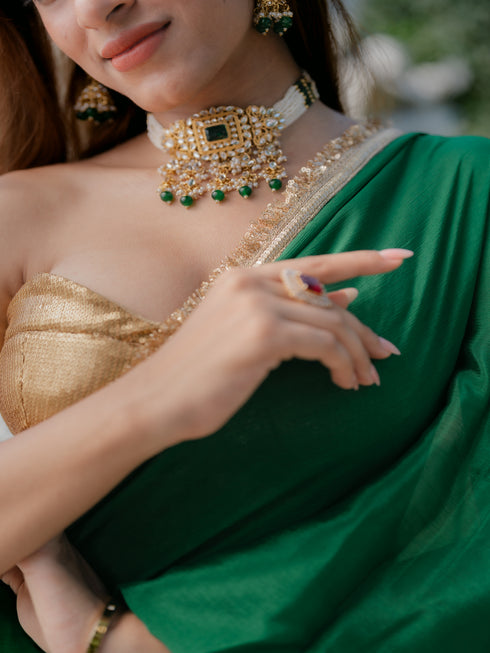 Crepe Green Saree with Sequin Laces and Self Blouse Fabric