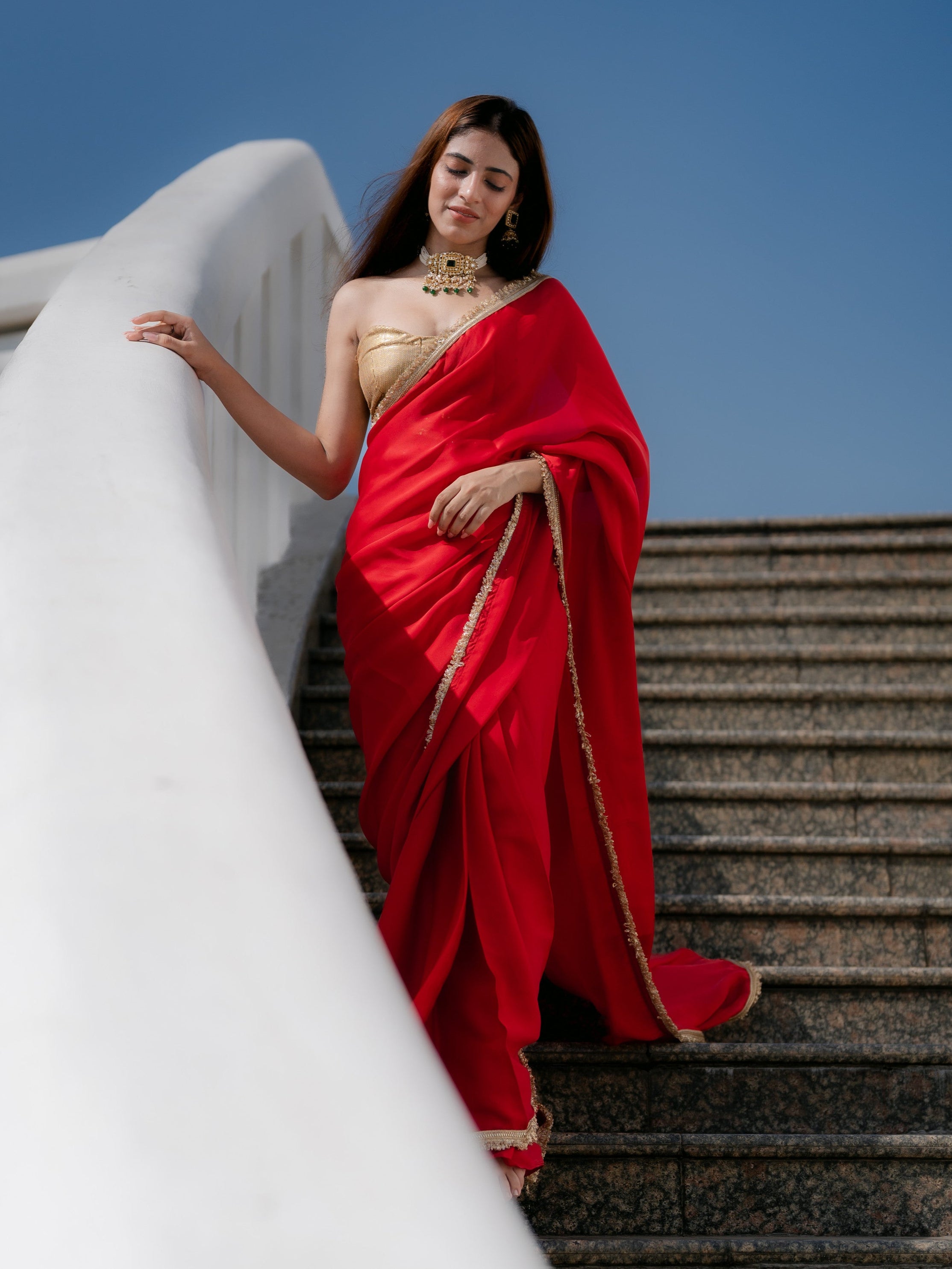 Satin Red Saree with Sequin Laces & Self Blouse Fabric