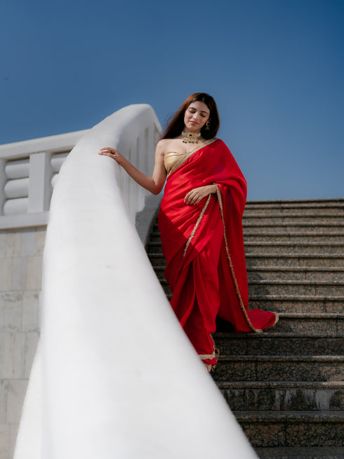 Satin Red Saree with Sequin Laces & Self Blouse Fabric