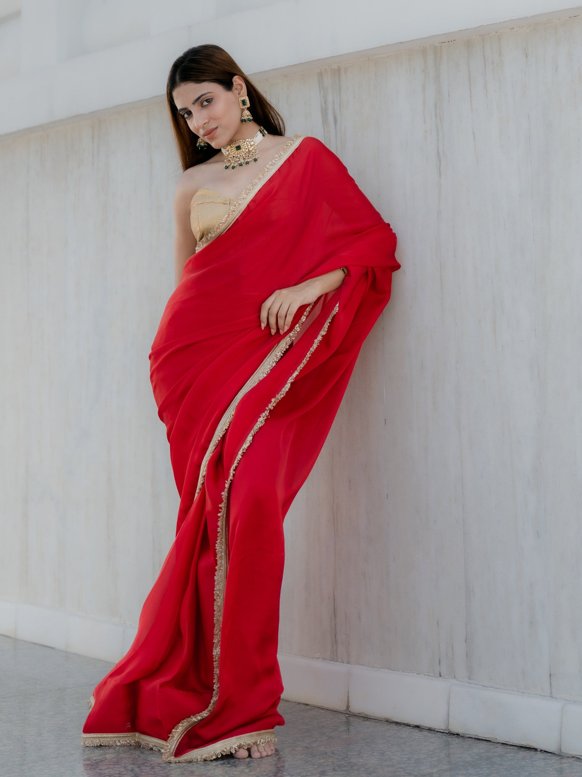 Satin Red Saree with Sequin Laces & Self Blouse Fabric