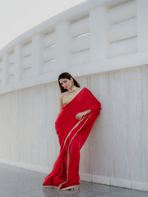 Satin Red Saree with Sequin Laces & Self Blouse Fabric