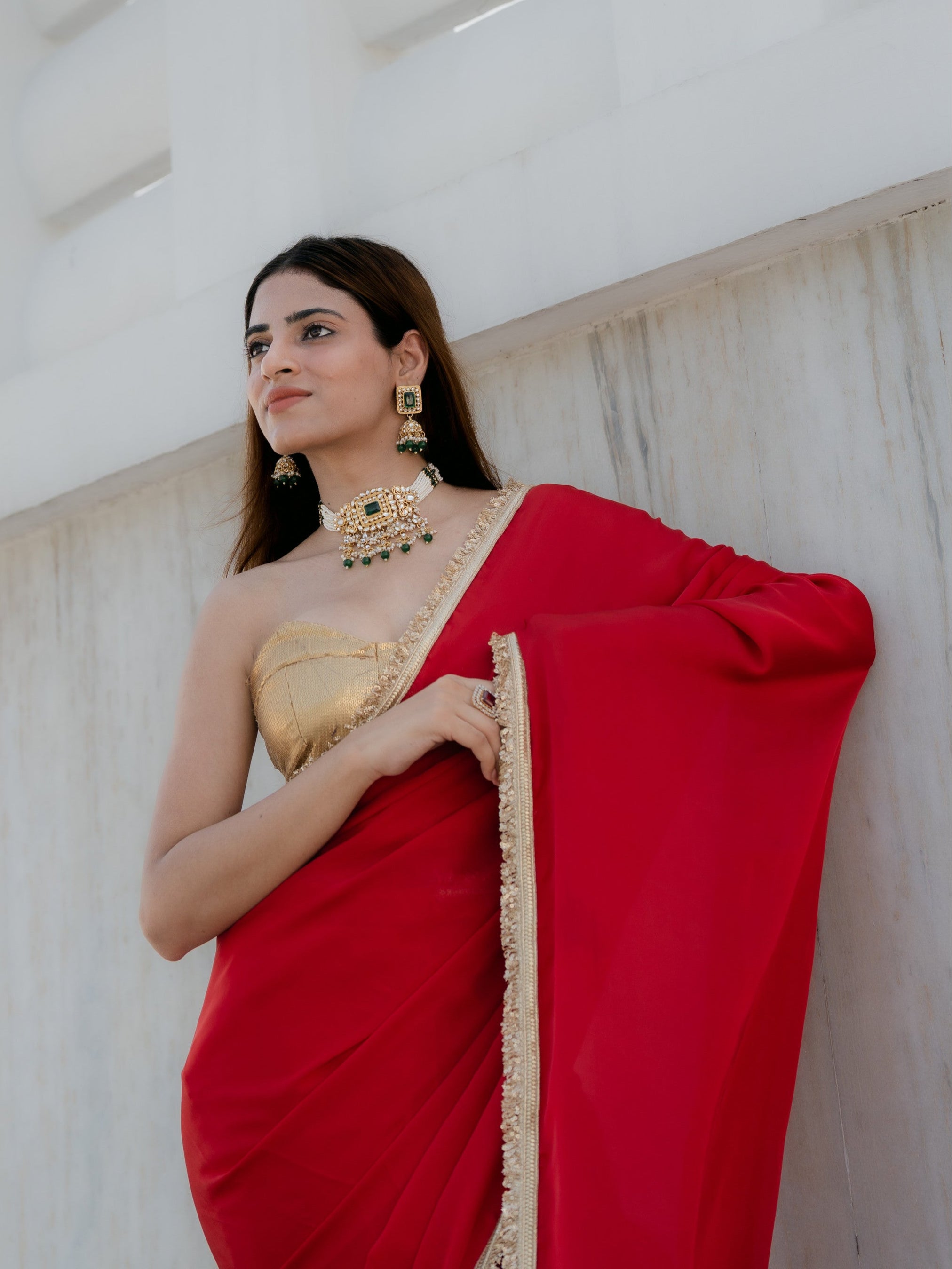 Satin Red Saree with Sequin Laces & Self Blouse Fabric