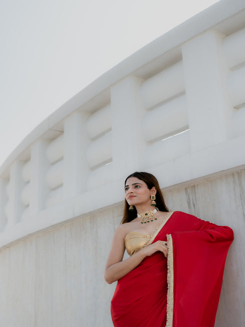 Satin Red Saree with Sequin Laces & Self Blouse Fabric
