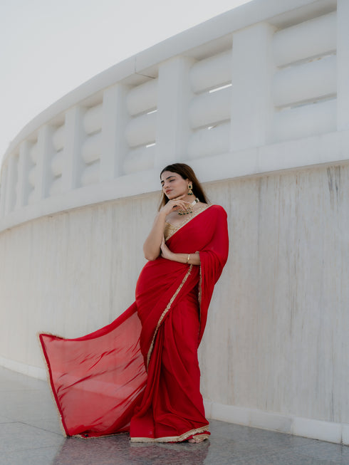 Satin Red Saree with Sequin Laces & Self Blouse Fabric