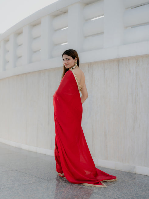 Satin Red Saree with Sequin Laces & Self Blouse Fabric