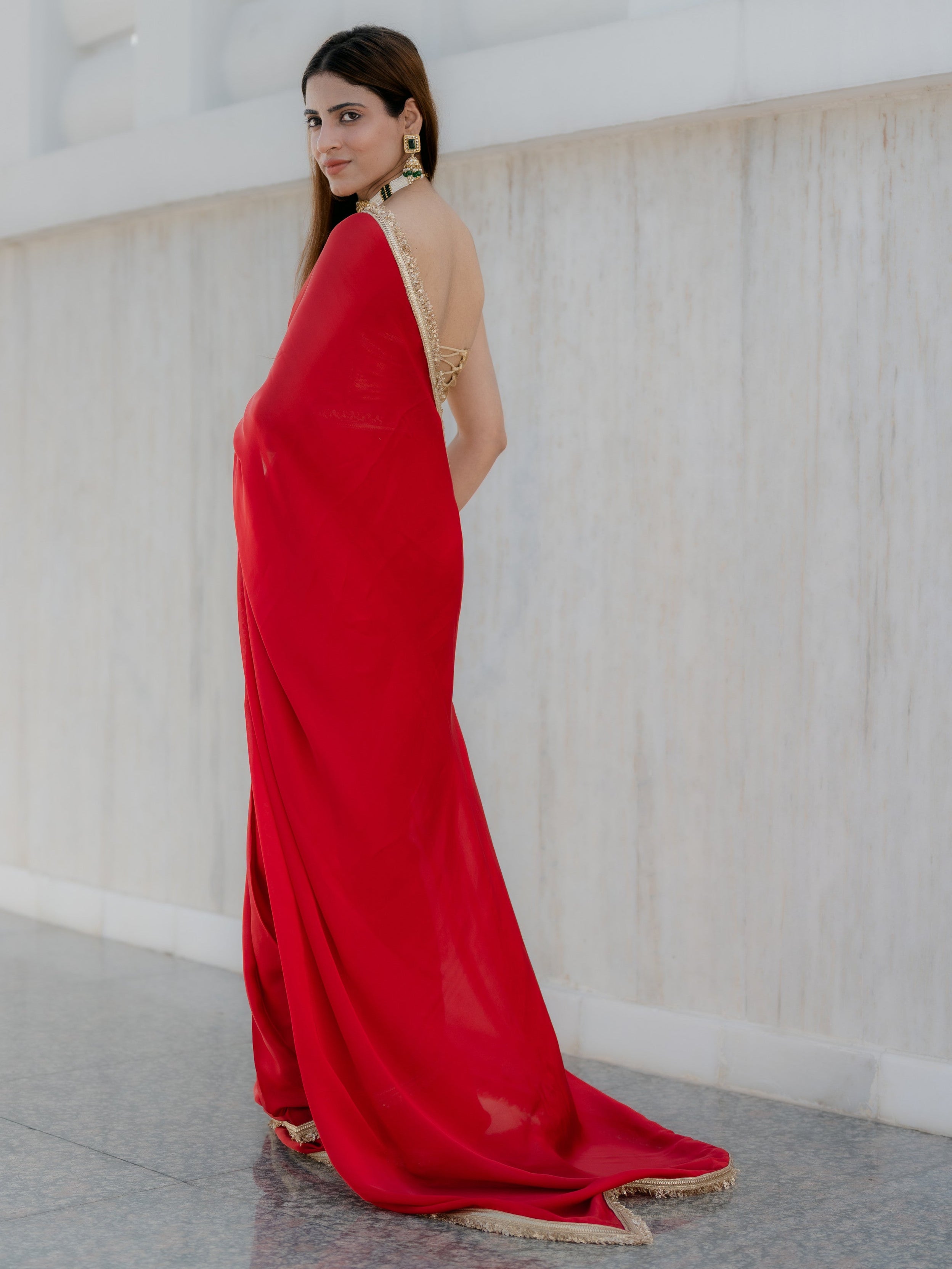 Satin Red Saree with Sequin Laces & Self Blouse Fabric