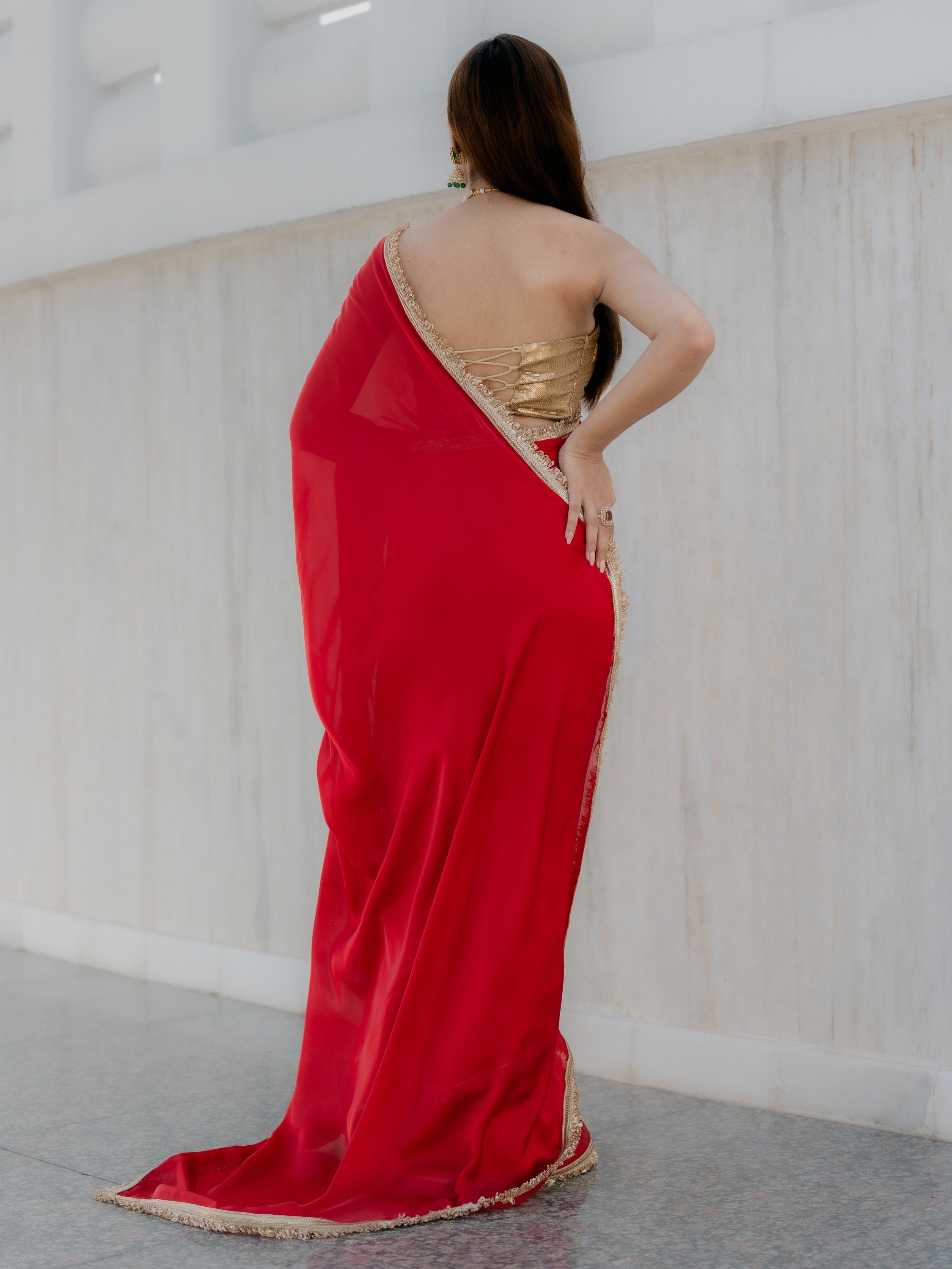 Satin Red Saree with Sequin Laces & Self Blouse Fabric