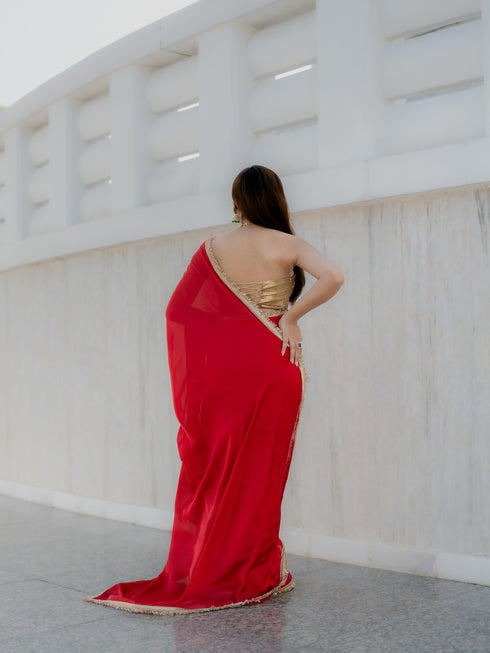 Satin Red Saree with Sequin Laces & Self Blouse Fabric