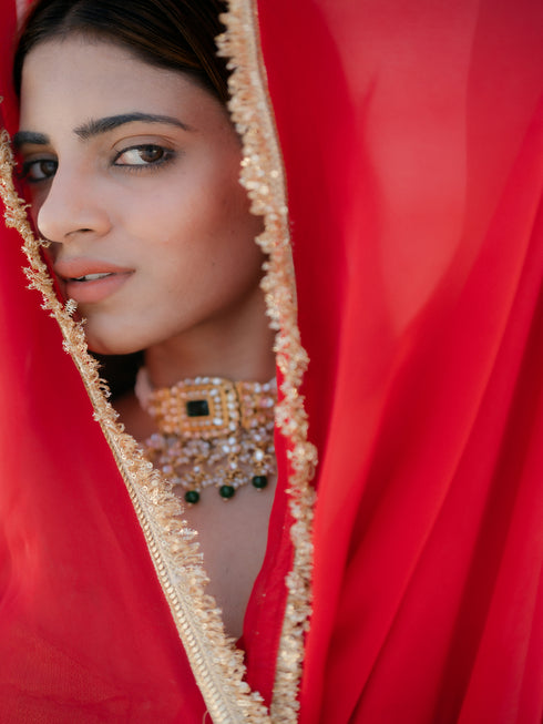 Satin Red Saree with Sequin Laces & Self Blouse Fabric