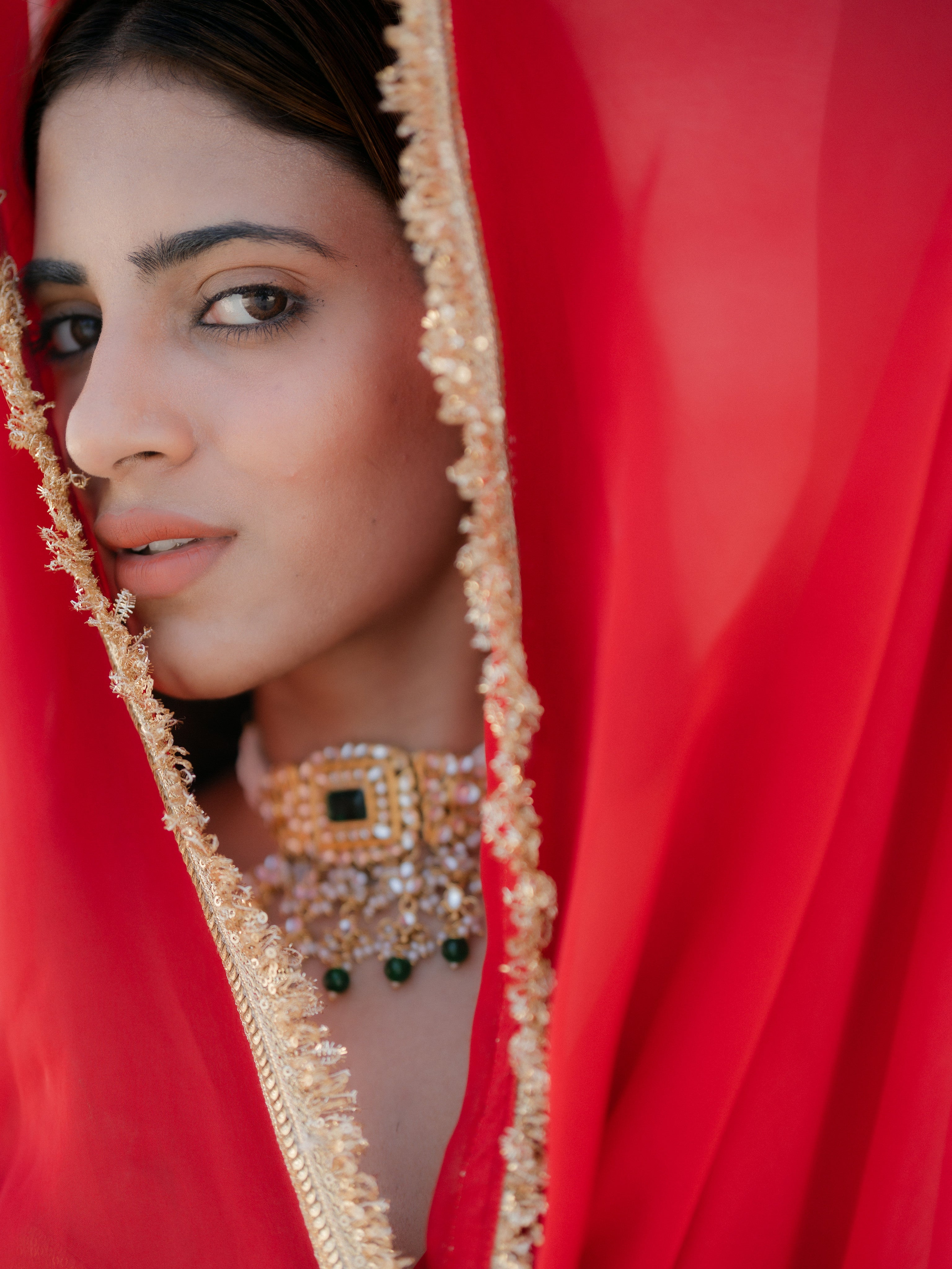Satin Red Saree with Sequin Laces & Self Blouse Fabric