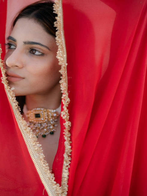 Satin Red Saree with Sequin Laces & Self Blouse Fabric
