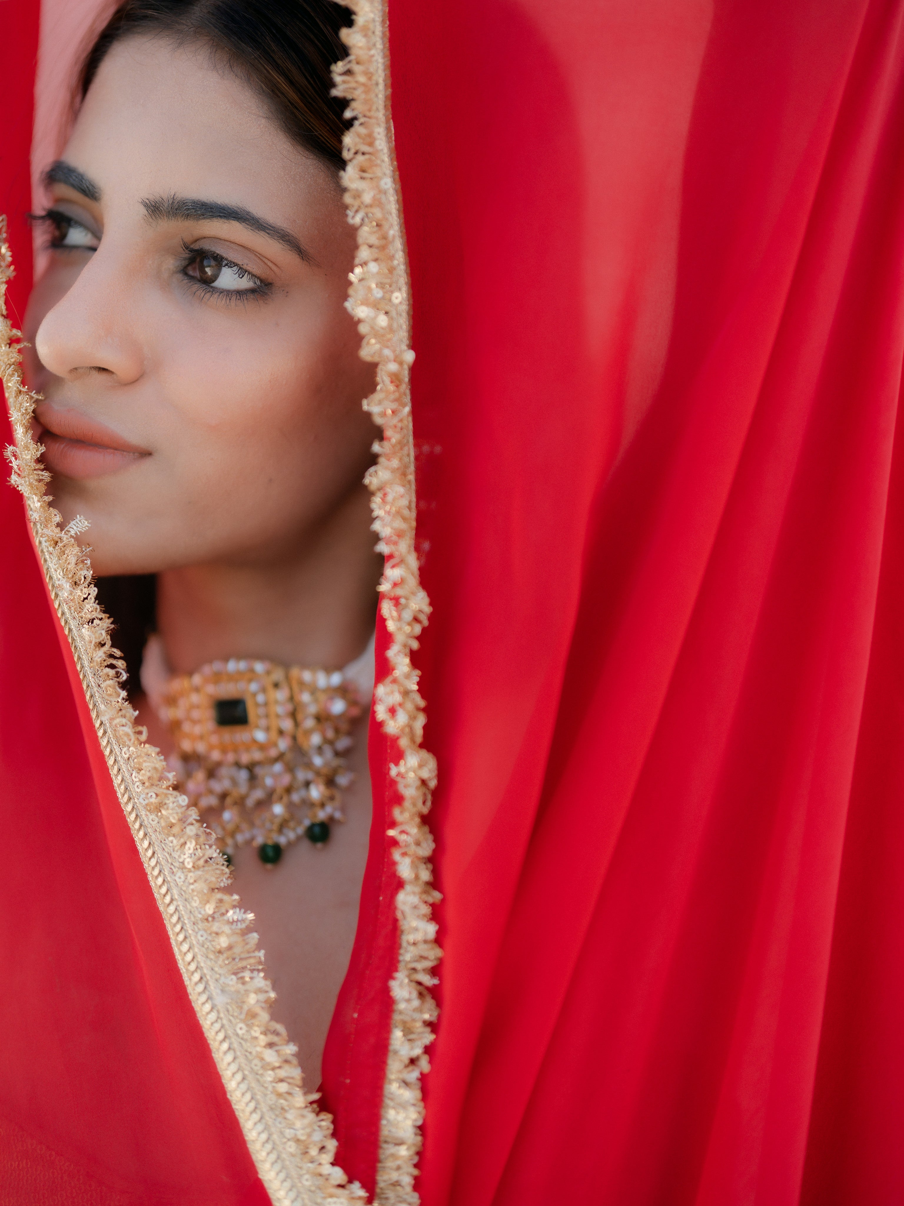 Satin Red Saree with Sequin Laces & Self Blouse Fabric