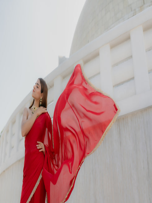 Satin Red Saree with Sequin Laces & Self Blouse Fabric