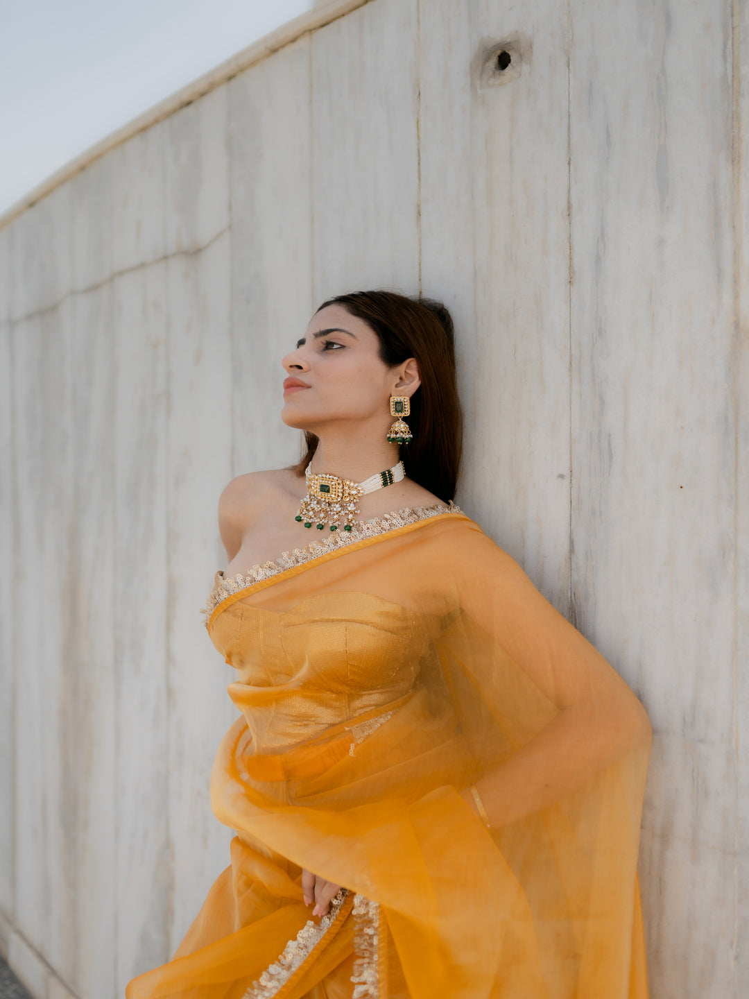 Yellow Metallic Organza Chiffon Saree with Sequin Lace & Self Blouse Fabric