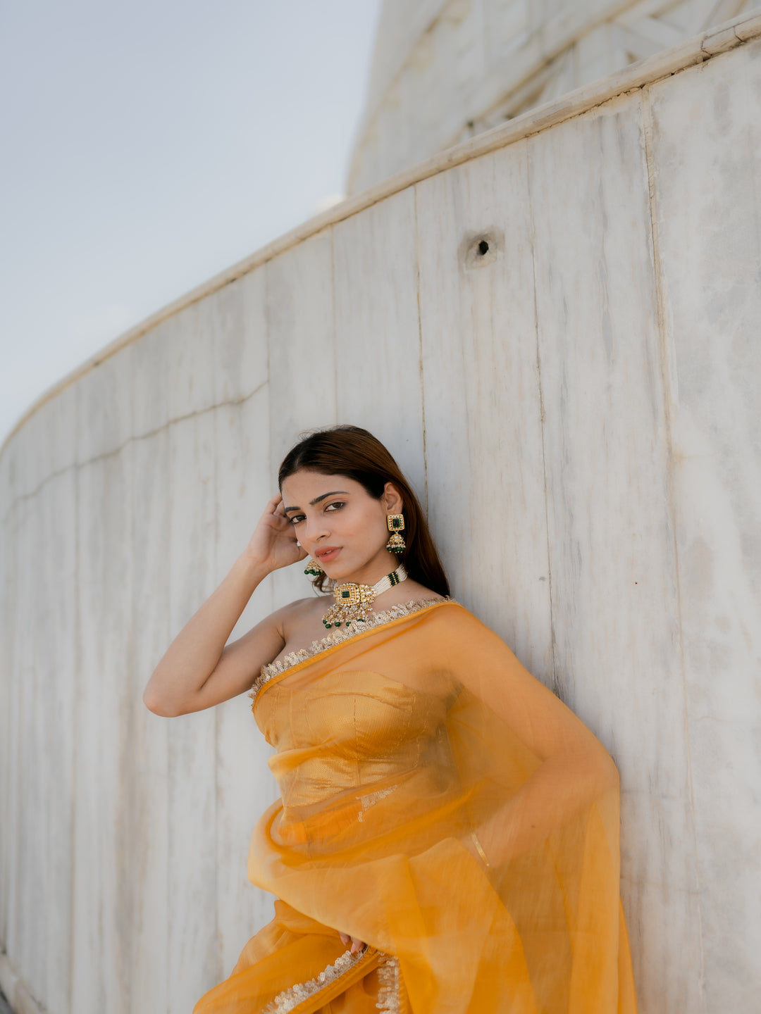 Yellow Metallic Organza Chiffon Saree with Sequin Lace & Self Blouse Fabric